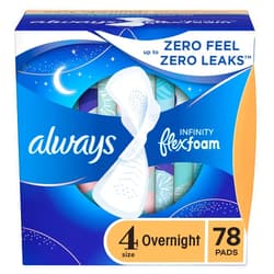 Always Infinity Feminine Pads for Women, Size 4 Overnight Absorbency, Multipack, with Flexfoam, with Wings, Unscented, 26 Count x 3 Packs (78 Count Total)