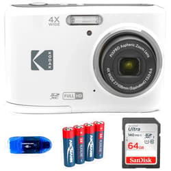KODAK Pixpro FZ45 Digital Camera Bundle, Includes: SanDisk 64GB SDXC Memory Card, Spare Batteries and Card Reader (4 Items) (White)