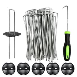 Sweetfamily 50 Pcs 6 inch Garden Landscape Staples with 50pcs Gasket,Galvanized Garden Stakes Ground Weed Fabric Barrier, Orchard, Yard, Tents,U-Type Heavy Duty