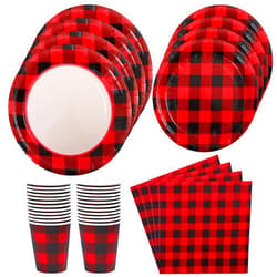 Aneco 122 Pieces Red and Black Buffalo Plaid Party Supplies Disposable Party Tableware Set 7 and 9 Inches Paper Plates Cups Napkins for 24 Guests
