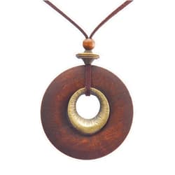 Popeoiuh Leather Necklace for Women Vintage Simple Boho Choker Necklace Circle Wooden & Alloy Pendant Necklace with Long Brown Leather Cord