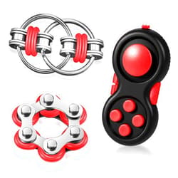 Gejoy 3 Pcs Fidget Toys Adults Set Handheld Fidgets Controller Pad Game Six Roller Chain Key Flippy Chain Autism Sensory for ADHD Add OCD Autism Anxiety Stress Relief Teen Kids(Black and Red)