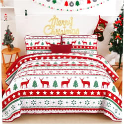 Goodidea Christmas Quilt Set Queen Size 3 Pieces Striped Bedspreads Red Elk Christmas Trees Printed Bedding Set Soft Microfiber Lightweight Reversible Coverlet Sets for All Season (Queen, 96