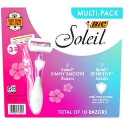 BIC Soleil Simply Smooth Women's Disposable Razors; 3 Blades With Moisture Strip For a Silky Smooth Shave; 10-Count