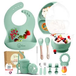 O'doe 17-Piece BPA-Free Silicone Baby Feeding Set | Thick & Soft Suction Plates, Baby Bowls, Wooden Fork & Spoon, and More | Make Mealtime Fun and Easy for Your Little One (Green, V2)
