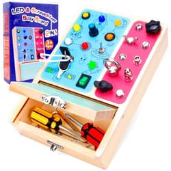 Aucurwen 2-in-1 Montessori Wooden Busy Board, Sensory Board with Light Switch & Screwdriver, Montessori Toys with Storage Box for 3+ Year Old Baby and Toddlers