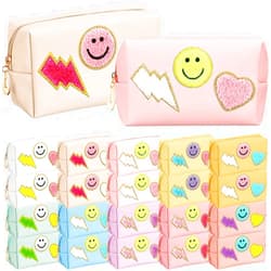 Sanwuta 20 Pieces Preppy Patch Makeup Bag Bulk Chenille Letters Bags PU Leather Aesthetics Cosmetic Organizer Smile Lightning Heart Toiletry Pouch Portable Waterproof Zipper Storage Purse for Women