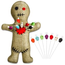 Kathfly 8 Pcs Voodoo Doll Set Include Horror Doll, 7 Pcs Skull Pins Ghost Soft Revenge Dammit Creepy Pin Holder Voodoo Resin Metal Straight Pins Stress Relieving(Flaxen)