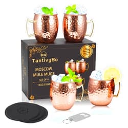 TantivyBo Moscow Mule Mugs Set of 4, 100% Copper Cups Handcrafted Mugs - 18 Oz Food Safe Pure Copper Moscow Mule Gifts Set for Womens & Mens