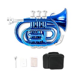 Yinfente B Flat Pocket Trumpet Bass Trumpet For Beginner,Student With Cleaning cloth, Silver plated 7C mouthpiece,hard case White gloves (Blue)