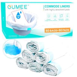OUMEE 60 PCS Commode Liners with Absorbent Pads, Bedside Commode Liners for Commode Bucket, Disposable Commode Liners for Adults, Portable & Leak-Proof Potty Chair Liners (Blue - 120[60Liners+60Pads])