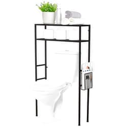 MyGift 2-Tier Over The Toilet Storage, Space Saver Metal Bathroom Shelves, Freestanding Above Over Toilet Storage Shelf with 1 Magazine Holder Basket, Black