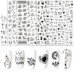 Yoksas Black White Geometric Heart Flower Sexy Girl Nail Art Stickers, 6 Sheets Self Adhesive Minimalist Nail Decals for Acrylic Nail Manicure Designer Supplies
