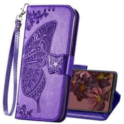 HAOTP Wallet Case for Google Pixel 7,PU Leather Wallet Flip Protective Phone Case Wrist Strap Card Slots Holder Pocket Emboss Butterfly Flower Stand Case for Google Pixel 7 Purple
