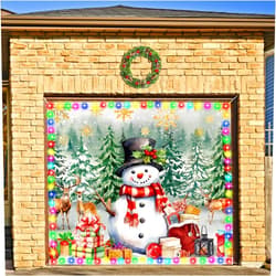 FuWeave Christmas Garage Door Banner Cover with LED String Light Battery Box Outdoor Large Xmas Snowman Garage Door Decors Winter Reindeer Backdrop for Wall Door House Party Decor(Snowman, 7x8ft)