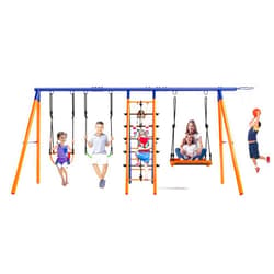 SIHANM Swing Sets for Backyard 700 lbs - 6 in 1 Multifunction Swing Set Outdoor for Kids Playground, Larger Heavy Duty Metal Swing Stand with 3 Adjustable Swings, Climbing Ladder and Net, Basketball Hoop