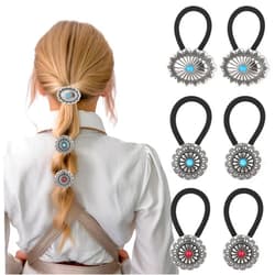 JIEYAO 6 Pcs Western Ponytail Holders, Boho Metal Hair Clips, Circular Flower Hair Ties Vintage Squash Blossom Hair Ropes Turquoise Concho Hair Bands for Women Girls Hair Decor Accessories