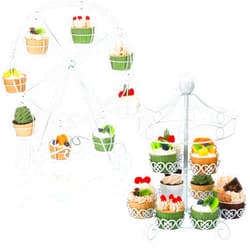 Nuogo 2 Pcs Carousel Ferris Wheel Cupcake Stand Set, Dessert Serving Tray, White Cupcake Holder Stand Cupcakes Holder Rack Display for Wedding Party Desserts, Candy, Cookies, Pastry, Treats