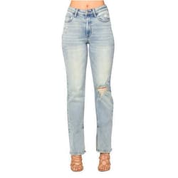 Judy Blue Women's High-Waist Destroyed Straight-Leg Jeans with Inseam Slit
