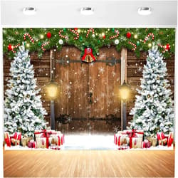 Tranhiafe 9x6ft Christmas Backdrop Winter Snow Xmas Tree Rustic Wood Barn Door Photography Background Xmas Theme Party Banner Decorations Supplies Photo Booth Props