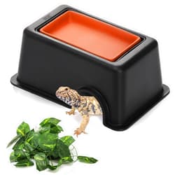 Suwimut Reptile Hide Box, Small Animal Hideout Plastic Hide Cave with Sink Humidifier, Pet Habitat Decor Hideaway Hut with Flexible Leaves for Lizard Gecko Snakes Leopard Spiders Turtles Amphibians