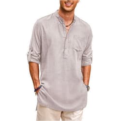 COOFANDY Men's Linen Henley Shirts Long Sleeve Collarless T-Shirts Longline Kurta Beach Shirts with Pocket