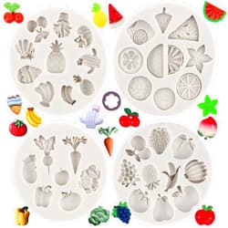 MYPRACS Vegetable Fruit Silicone Mold Radish Tomato Eggplant Cabbage Strawberry Watermelon Banana Chocolate Fondant Mold For Cake Decoration Cupcake Topper Candy Polymer Clay Gum Paste Set Of 4