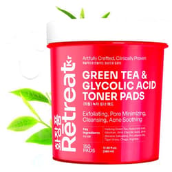 RETREAT KR Glycolic Acid & Green Tea Toner Pads with Centella Asiatica, VIT B5, AHA BHA, 150 Exfoliating Pads, Dual Texture, Exfoliates Surface Skin and Reduces Fine Lines & Wrinkles, Brightens, Minimizes Pores