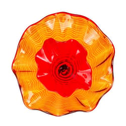 Zonsbin Hand Blown Glass Plate for Wall Decor Unique 2-tier Flower Shaped Glass Wall Decoration Platters, 12 Inch Diameter, Red Orange Hanging Plates for Staircase, Living Room, Entry, Hallway