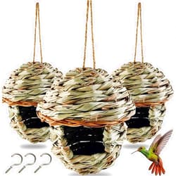 TIHOOD 3PCS Hummingbird House, Hand Woven Bird Nest for Outdoors Hanging, Small Grass Bird Houses for Outside, Natural Fiber Bird Hut Roosting Pocket for Finch Canary Chickadee