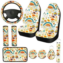 Fiada 10 Pcs Moon Star Car Seat Covers Full Set Car Accessories for Women Front Seat Cover Steering Wheel Armrest Cover Belt Cover Cup Holder for Auto SUV Interior Decoration(Daisy)