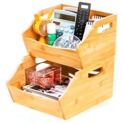 Cididu 2 Pack Bamboo Stackable Storage Bin, Countertop Open Front Stacking Bins, 2 Tier Organize Basket Box with Handle, Food Fruit Container for Cabinet, Kitchen, Studio, Office
