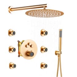 CASAINC Thermostatic Shower System 3-Function Shower Faucet Set, Wall-Mounted 12 Inch Round Shower Head with Handheld Spray Combo & 6 Body Spray Jets (Brushed Gold)