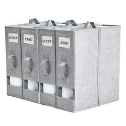 HOdo Home Sheet Organizer Containers with handles, Foldable Grey Fabric Storage Box(4-Pack, Queen/King Size), Linen Zipper Closet Storage Bins for Bed Sheets Set, Blankets, Pillowcases