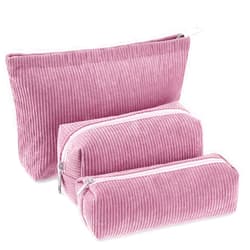 Huhumy 3 Pcs Makeup Bag Corduroy Cosmetic Bag Aesthetic Cute Preppy Makeup Bags for Women Smile Small Makeup Purse Pouch Travel Toiletry Bag Set Makeup Organizer with Zipper(Rose Pink, Solid Style)
