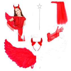 MOVINPE Devil and Angel Dual Halloween Costume Accessories Set Wand for Women, Red White Feather Wings Tutu Skirt Wand Angel Halo With Devil Horns Headband Tassel Long Glove Cosplay Party