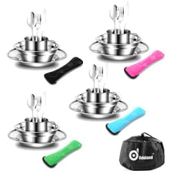 Odoland 29pcs Stainless Steel Utensils Camping Mess Kits with Bowls Plates Cups Forks Spoons and Knives for 4, Cutlery Flatware Set for Backpacking, Outdoor Camping Hiking and Picnic