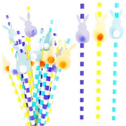 Cheerland 36 pcs Easter Rabbit Drinking Paper Striped Straws Set with Pompom Bunny for Kids’ Birthday Bunny Decoration Pompom Tails Supplies