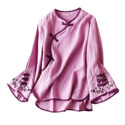 Generic Cotton Linen Shirts for Women Loose Embroidered Crochet T-Shirt Button Blouses Casual Cute V Neck Long Sleeve Tops