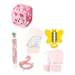 Malarkey Kids 5-Pack Gift Set - Featuring Munch Mini, Munch Mitt, Baby Chew Cube, Teether Tether, Toothbrush Teething Bundle - Ideal for Boys & Girls - Pastel Peace, (Ages 3+ Months)