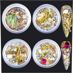 Onkuey 4 Boxes Mixed Sparkle Nail Charms for Nails Design, Rhinestones for Nails, Crystals Beads Nail Pearls and Gold Silver Nail Studs Gems Metal Rivets Nail Art Rhinestones for Nail Art Crafts