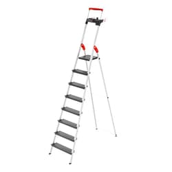 Hailo L100 TopLine | Aluminum folding stepladder | Eight steps | Extendable safety rail | Integrated multifunctional storage tray | Folding safety mechanism with platform locking | Item holding option