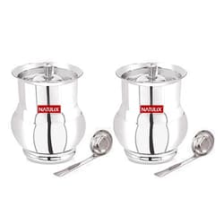 NATULIX Stainless Steel Ghee Pot | Oil Pot | Ghee Pot with Spoon and Lid | 400ml | Silver | Pack of 2 (400ml 2) (Echo)