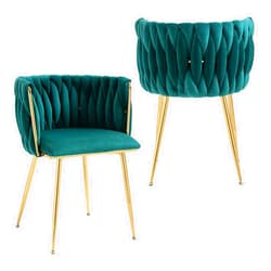 Nrizc Woven Dining Chairs Set of 2, Velvet Upholstered Dining Chairs with Gold Metal Legs, Modern Accent Chairs for Living Room, Dining Room, Kitchen (Green)