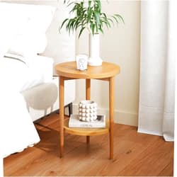 Nathan James Sonia Boho Round Accent End Table, Natural Sofa Side Table in Light Wood with Rattan Storage Shelf for Living Room, Bedroom or Nursery, Light Brown