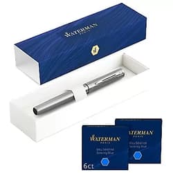 Waterman Allure Fountain Pen | Chrome | Fine Nib | with 12 Short Blue Ink Cartridges | Gift Box chrome fountain pen Pen + Cartdriges
