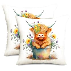 Generic AnyDesign Watercolor Highland Cow Pillow Covers 18 x 18in Rustic Farmhouse Throw Pillow Case Seasonal Flowers Cow Cushion Cover for Home Cushion Sofa Bedroom Decor, Set of 2