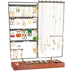 ProCase Jewelry Organizer Stand Earring Holder Organizer, 6 Tiers Earring Organizer Tree Necklace Rack Jewellery Tower Bracelets Holder Storage with Removable Wooden Ring Tray for Women Girls -Black