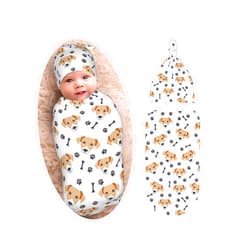 Lcokin Dog Paw Print Baby Stuff Swaddle Blanket Hat Set for Boys Girls, Soft and Stretchy Golden Retriever Newborn Sleeping Sack Receiving Blanket Shower Gift