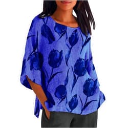DMOYALA Linen Shirt for Women Crew Neck 3/4 Sleeve Tunic Blouses Casual Loose Fall T-Shirt Tops for Ladies Summer S-5XL